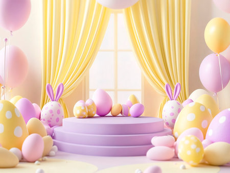 Central empty 3D podium surrounded by Easter-themed home decor for windows, such as curtains, decals, and lights. The setting is bright and cheerful. Color Scheme: Soft yellow and pastel purple with white accents. --ar 4:3 --style raw --v 6.1 Job ID: a53a601b-ae9b-4385-b871-ad4993f1998fの素材