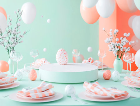 Central empty 3D podium surrounded by Easter-themed tablecloths and napkins with festive prints. The background is elegant and welcoming. Color Scheme: Light green and coral with white highlights. --ar 4:3 --style raw --v 6.1 Job ID: a8b2540e-466b-462a-a670-21cd55f63cc3の素材