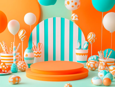 Central empty 3D podium surrounded by Easter-themed party supplies, featuring colorful plates, cups, and decorations. The background is festive and fun. Color Scheme: Bright orange and turquoise with white highlights. --ar 4:3 --style raw --v 6.1 Job ID: a9fee7c8-a6cf-4efa-b833-961634502b0dの素材