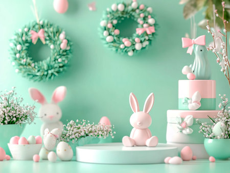 Central empty 3D podium surrounded by Easter-themed home decor items, such as wreaths, centerpieces, and bunny figurines. The background is cozy and inviting. Color Scheme: Pastel green and pink with white highlights. --ar 4:3 --style raw --v 6.1 Job ID: ae5bb797-2f46-400b-98c7-3fbae4f9614cの素材