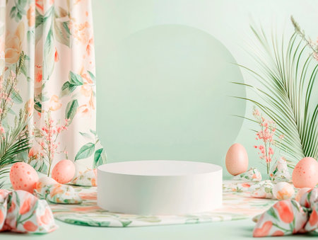 Central empty 3D podium surrounded by Easter-themed tablecloths and napkins with festive prints. The background is elegant and welcoming. Color Scheme: Light green and coral with white highlights. --ar 4:3 --style raw --v 6.1 Job ID: cc66df07-db92-4e04-8470-cdc7356b6190の素材