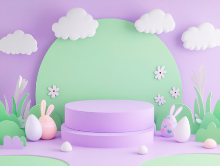 Central empty 3D podium surrounded by Easter-themed digital downloads and printables, such as coloring pages and activity sheets. The background is fun and engaging. Color Scheme: Light purple and green with white highlights. --ar 4:3 --style raw --v 6.1 Job ID: cc7742e1-fde5-4454-97e1-b448c14eb676の素材