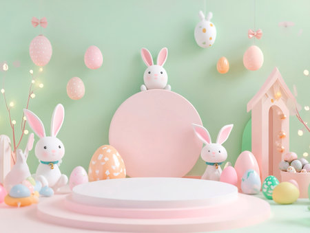 Central empty 3D podium surrounded by Easter-themed pet accessories, such as bunny ears for pets, festive collars, and toys. The setting is adorable and fun. Color Scheme: Light pink and soft green with white accents. --ar 4:3 --style raw --v 6.1 Job ID: d7be485b-3930-4782-963f-bd0c03c4267dの素材