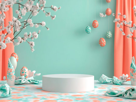 Central empty 3D podium surrounded by Easter-themed tablecloths and napkins with festive prints. The background is elegant and welcoming. Color Scheme: Light green and coral with white highlights. --ar 4:3 --style raw --v 6.1 Job ID: fda8ce57-c5fa-4eda-8dbb-e851060d5ce0の素材
