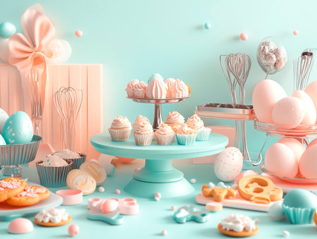 Central empty 3D podium surrounded by Easter baking kits, including cookie cutters, decorating tools, and recipes. The setting is fun and delicious. Color Scheme: Peach and aqua with silver accents. --ar 4:3 --style raw --v 6.1 Job ID: bf11040a-70a4-4838-8cce-c5c335d52d1bの素材