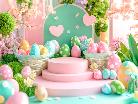 Central empty 3D podium surrounded by Easter egg hunt kits, including colorful eggs, baskets, and clues. The background is vibrant with spring flowers and greenery. Color Scheme: Pastel pink and mint green with white accents. --ar 4:3 --style raw --v 6.1 Job ID: 823502e7-ab44-4e08-aaa7-335225a076b2の素材
