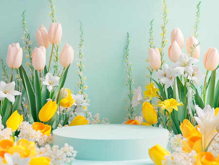 Central empty 3D podium surrounded by Easter floral arrangements, featuring tulips, daffodils, and lilies. The setting is bright and fresh. Color Scheme: Yellow and light blue with green accents. --ar 4:3 --style raw --v 6.1 Job ID: 5e3d8942-6d89-44bc-afb6-fa048c3622f5の素材