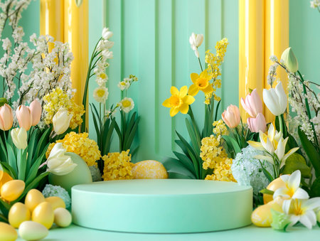 Central empty 3D podium surrounded by Easter floral arrangements, featuring tulips, daffodils, and lilies. The setting is bright and fresh. Color Scheme: Yellow and light blue with green accents. --ar 4:3 --style raw --v 6.1 Job ID: ecab3043-1a91-47d5-9c87-260dd5feec8eの素材