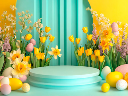 Central empty 3D podium surrounded by Easter floral arrangements, featuring tulips, daffodils, and lilies. The setting is bright and fresh. Color Scheme: Yellow and light blue with green accents. --ar 4:3 --style raw --v 6.1 Job ID: ee4cd983-f416-4cd7-bd95-b01d2d6452c7の素材