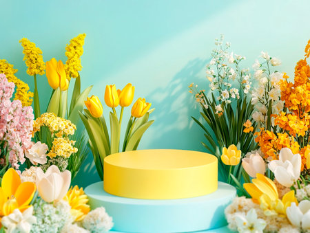 Central empty 3D podium surrounded by Easter floral arrangements, featuring tulips, daffodils, and lilies. The setting is bright and fresh. Color Scheme: Yellow and light blue with green accents. --ar 4:3 --style raw --v 6.1 Job ID: ee4cd983-f416-4cd7-bd95-b01d2d6452c7の素材