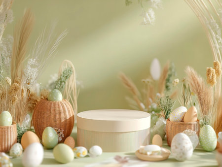 Central empty 3D podium surrounded by eco-friendly Easter products, such as biodegradable eggs, recycled decorations, and organic treats. The background promotes sustainability. Color Scheme: Earthy brown and green with white highlights. --ar 4:3 --style raw --v 6.1 Job ID: 4902155b-1ce6-42dc-9f15-b5957908287fの素材