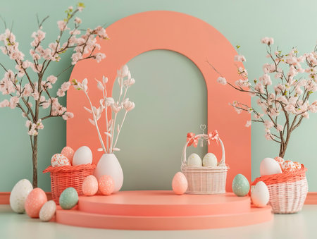 Central empty 3D podium surrounded by personalized Easter gifts, such as engraved eggs, custom baskets, and monogrammed items. The scene is thoughtful and unique. Color Scheme: Coral and sage green with white accents. --ar 4:3 --style raw --v 6.1 Job ID: 4226c7e8-dd42-447c-9036-b742c24188c9の素材