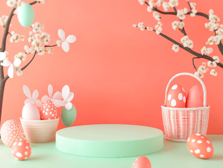 Central empty 3D podium surrounded by personalized Easter gifts, such as engraved eggs, custom baskets, and monogrammed items. The scene is thoughtful and unique. Color Scheme: Coral and sage green with white accents. --ar 4:3 --style raw --v 6.1 Job ID: 4226c7e8-dd42-447c-9036-b742c24188c9の素材