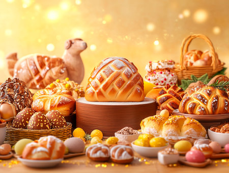 Central empty 3D podium surrounded by traditional Easter foods from around the world, including hot cross buns, Paska bread, and lamb. The background is rich with cultural diversity. Color Scheme: Warm brown and golden yellow with white highlights. --ar 4:3 --style raw --v 6.1 Job ID: 410a0644-45bb-411f-b082-f21b0520c815の素材