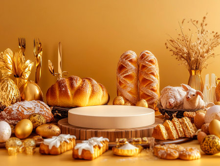 Central empty 3D podium surrounded by traditional Easter foods from around the world, including hot cross buns, Paska bread, and lamb. The background is rich with cultural diversity. Color Scheme: Warm brown and golden yellow with white highlights. --ar 4:3 --style raw --v 6.1 Job ID: 550eb410-246f-462a-bde1-d8c0c1db128aの素材