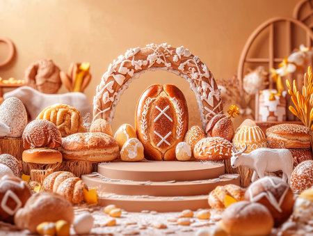 Central empty 3D podium surrounded by traditional Easter foods from around the world, including hot cross buns, Paska bread, and lamb. The background is rich with cultural diversity. Color Scheme: Warm brown and golden yellow with white highlights. --ar 4:3 --style raw --v 6.1 Job ID: 7d4561e3-5a6a-4678-9ac3-a4fcbd1ac946の素材