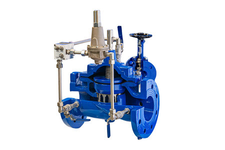 Industrial valve on transparent background, featuring a contrast of deep blue and metallic accents,...