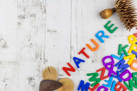 Colorful alphabet letters spelling word - Nature - with cones and natural wood cross sections arranged diagonally to the corner on a rustic wooden background. Flat lay, top view, copy spaceの写真素材