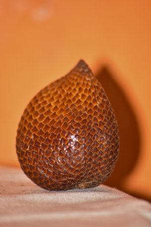Portrait-oriented close-up of a single salak with pronounced teardrop form and reptile-like skin...
