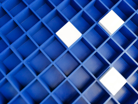 Blue Wooden wall Surface with white wood diamond background and textureの写真素材