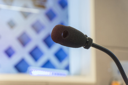 TV studio microphone., microphone in studio for voice actor, radio broadcasting, post production, recording, DJ concept., microphone in tv live broadcast studio.の写真素材