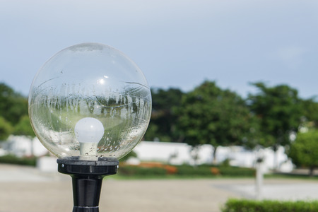 Lamp garden glowing spheres light. Exterior House lighting. Outdoor Lighting., lamps glass in the park., with copy space for text.の写真素材