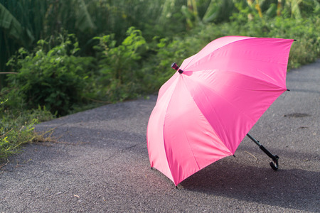 Pink umbrella on concrete floor and green grass field in the park., lonely concept., copy space for text.の写真素材