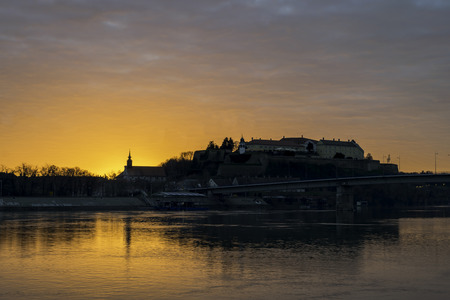 Morning sunsnet view on historical Petrovaradin fortress and Danube river, Novi Sad, Serbiaのeditorial素材