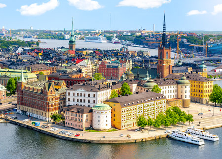 Stockholm old town (Gamla Stan) cityscape from City Hall top, Swedenのeditorial素材