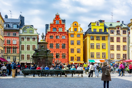 Stockholm, Sweden - June 2019: Colorful houses on Stortorget square in Old townのeditorial素材