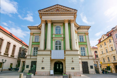 Estates Theatre in Prague old town, Czechia (inscription "To Homeland and Muses")のeditorial素材