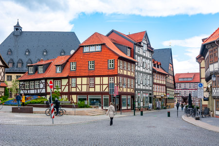 Streets of old town with half-timbered houses, Wernigerode, Germanyのeditorial素材