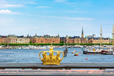 Royal Crown and architecture of Strandvagen embankment, Stockholm, Swedenの写真素材