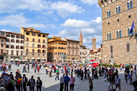 Florence, Italy - May 2018: Tourists on Signoria square in center of Florenceのeditorial素材