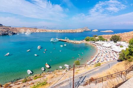 Lindos beach in summer, Rhodes island, Greeceの写真素材
