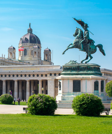 Statue of Archduke Charles on Heldenplatz square with Museums of Art History and Natural History at background, Vienna, Austriaのeditorial素材