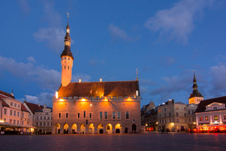 Tallinn City hall on Market square at night, Estoniaのeditorial素材