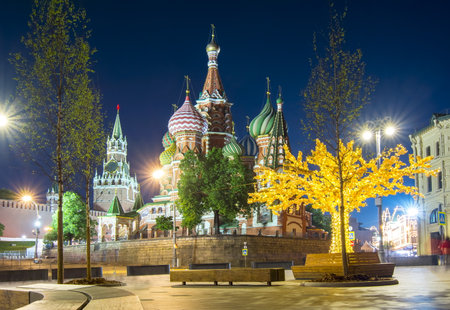 Cathedral of Vasily the Blessed (Saint Basil's Cathedral) on Red Square at night, Moscow, Russia
