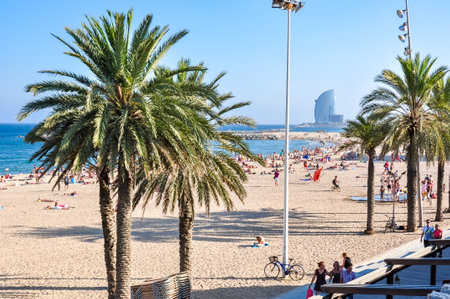 People on Barceloneta beach in summer evening, Barcelona, Spainのeditorial素材