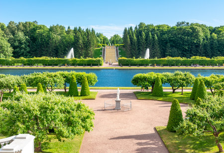 St. Petersburg, Russia - July 2019: Peterhof lower park panoramaのeditorial素材