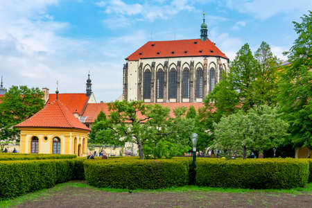 Franciscan Garden with Church of Our Lady of the Snows in background, Prague, Czech Republicの写真素材