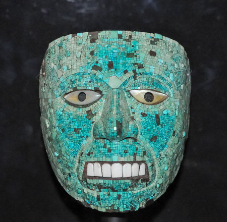 London, UK - April 2017: Turquoise mosaic Aztec mask (Xiuhtecuhtli: God of Fire) from Mexico in British museumのeditorial素材