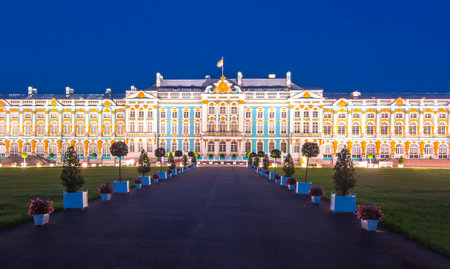 Catherine palace in Tsarskoe Selo (Pushkin) at night, Saint Petersburg, Russiaのeditorial素材