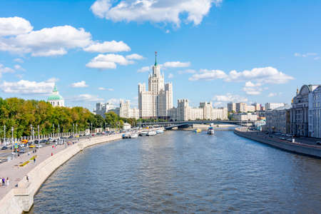 Kotelnicheskaya Embankment Building (one of seven Stalin skyscrapers) and Moskva river, Moscow, Russiaの写真素材