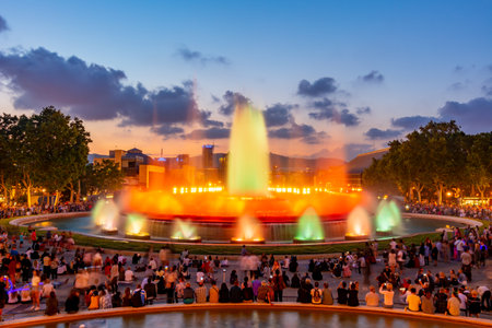 Magic fountain show in Barcelona Montjuic hill, Spainのeditorial素材