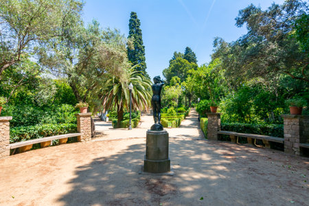 Montjuic park landscape in summer, Barcelona, Spainのeditorial素材