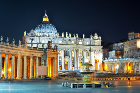 St. Peter's Cathedral on St. Peter's square in Vatican at night, center of Rome, Italyのeditorial素材