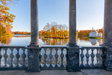 Catherine park in autumn seen from Marble bridge, Tsarskoe Selo (Pushkin), Saint Petersburg, Russiaの写真素材