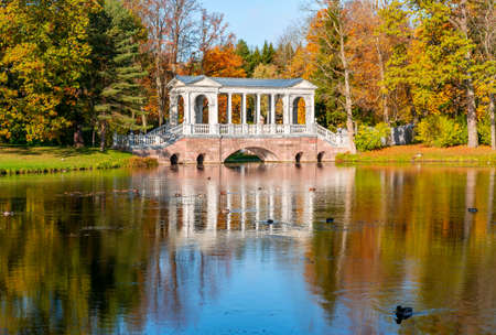 Marble bridge in autumn foliage in Catherine park, Pushkin (Tsarskoe Selo), Saint Petersburg, Russiaの写真素材