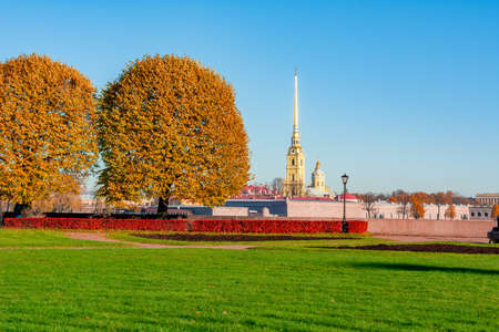 Peter and Paul Cathedral and Vasilyevsky island spit in autumn, Saint Petersburg, Russiaの写真素材